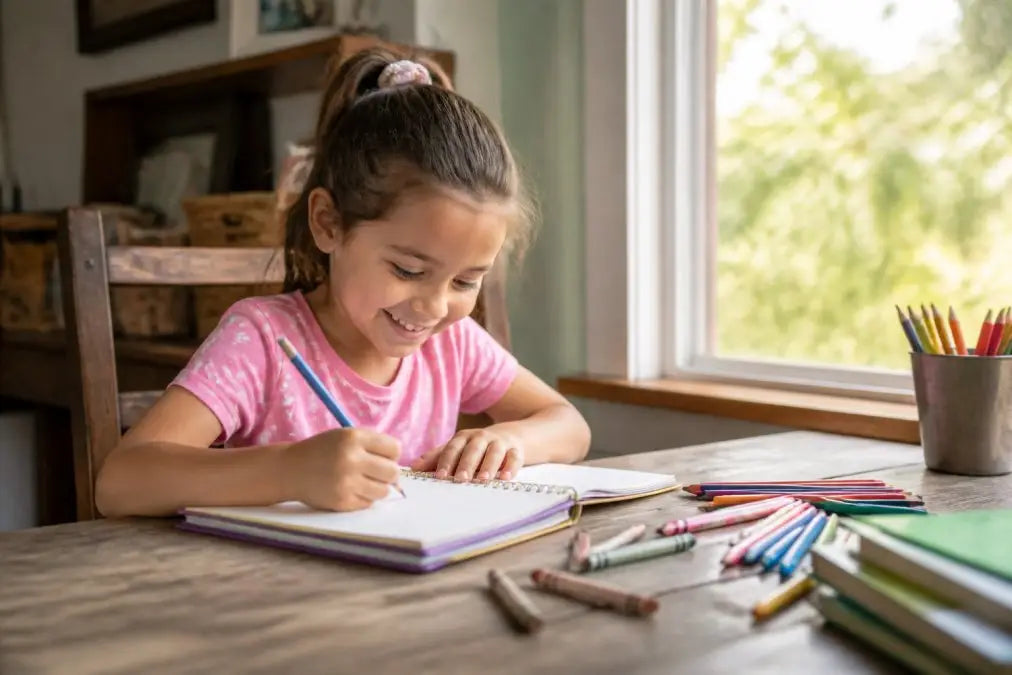 A young child sitting at a wooden desk, smiling while writing in a colorful notebook with crayons and pencils scattered nearby, warm natural light streaming through a window beside her