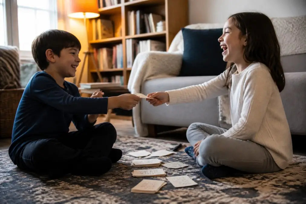 Two children sitting cross-legged on a living room rug, laughing and passing handwritten story cards back and forth, warm lamp light and bookshelves visible in the background