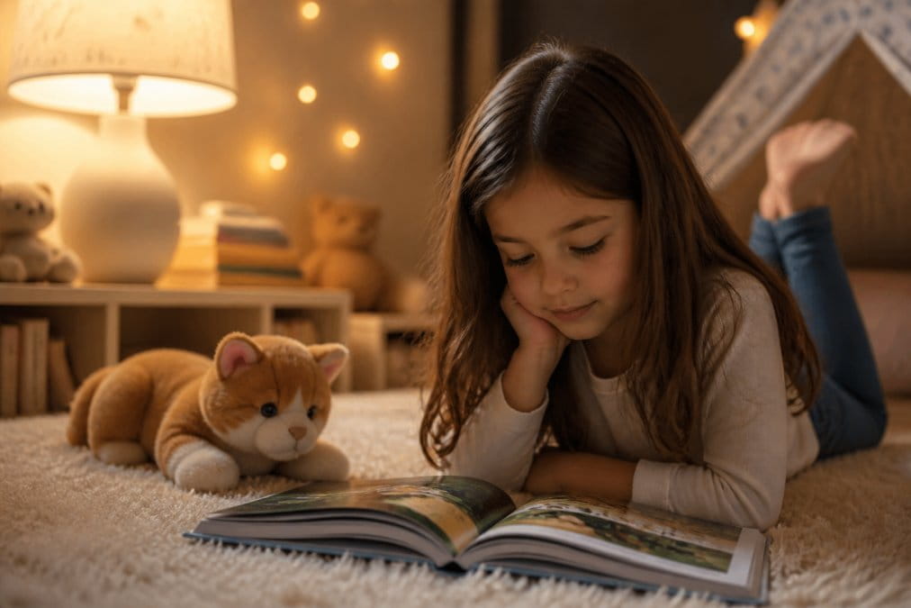 Professional illustration showing reading and child and lying concepts for gifts for 7 year olds